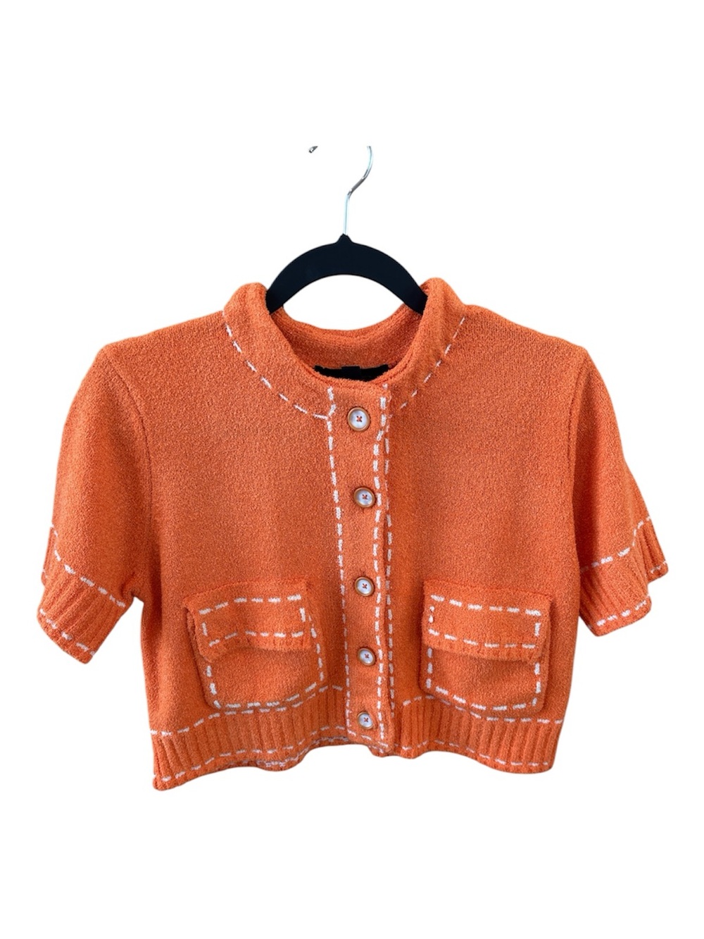 Zara Bright Orange Textured Knit Button-Front Cardigan with White Stitching